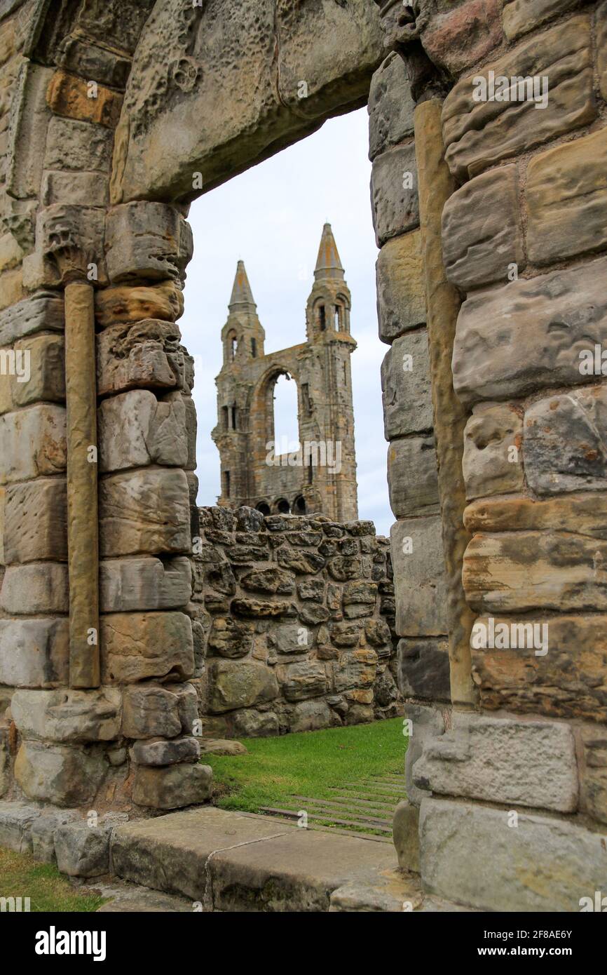 Tower of St. Andrew's Cathedral through Stone Doorway, St. Andrews, Scotland Stock Photo