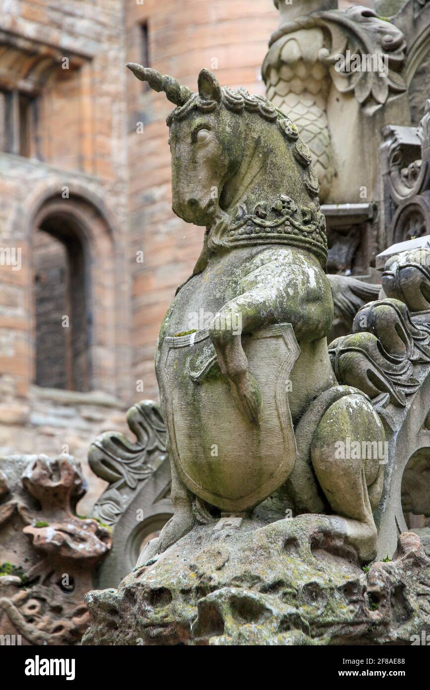 Unicorn Sculpture on Decorated Fountain of Linlithgow Palace, Scotland Stock Photo
