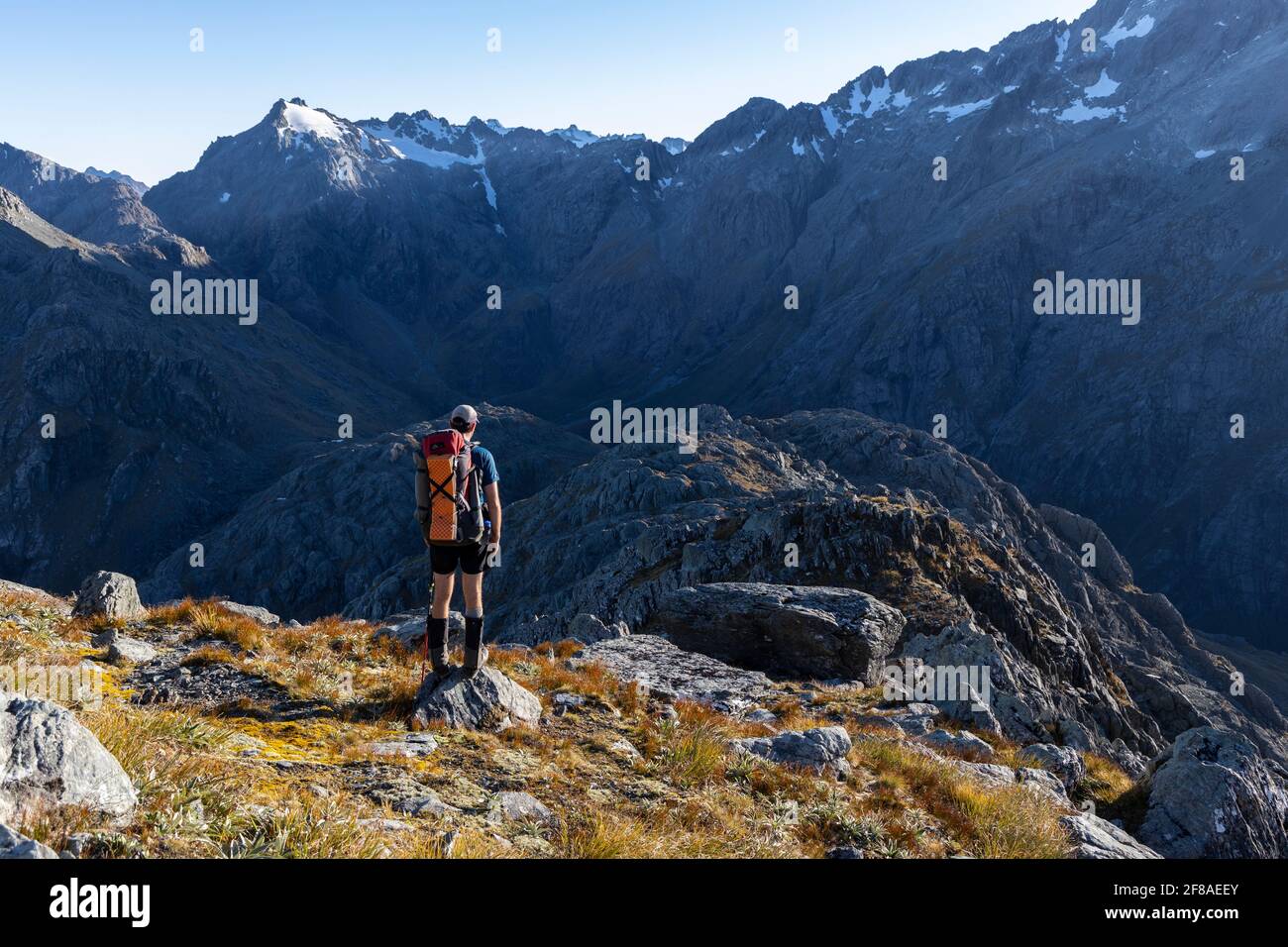 Hiker in Southern Alps, New Zealand Stock Photo