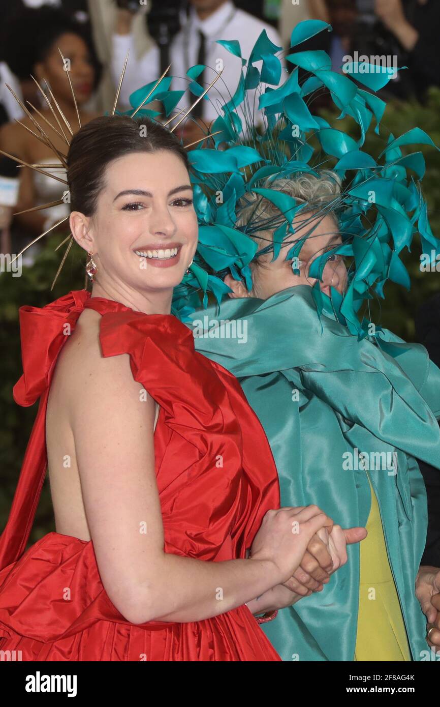 Anne Hathaway, Frances McDormand arrives to the 2018 Met Costume Gala Heavenly Bodies, held at the Metropolitan Museum of Art in New York City, Monday, May 7, 2018. Photo by Jennifer Graylock-Graylock.com 917-519-7666 Stock Photo