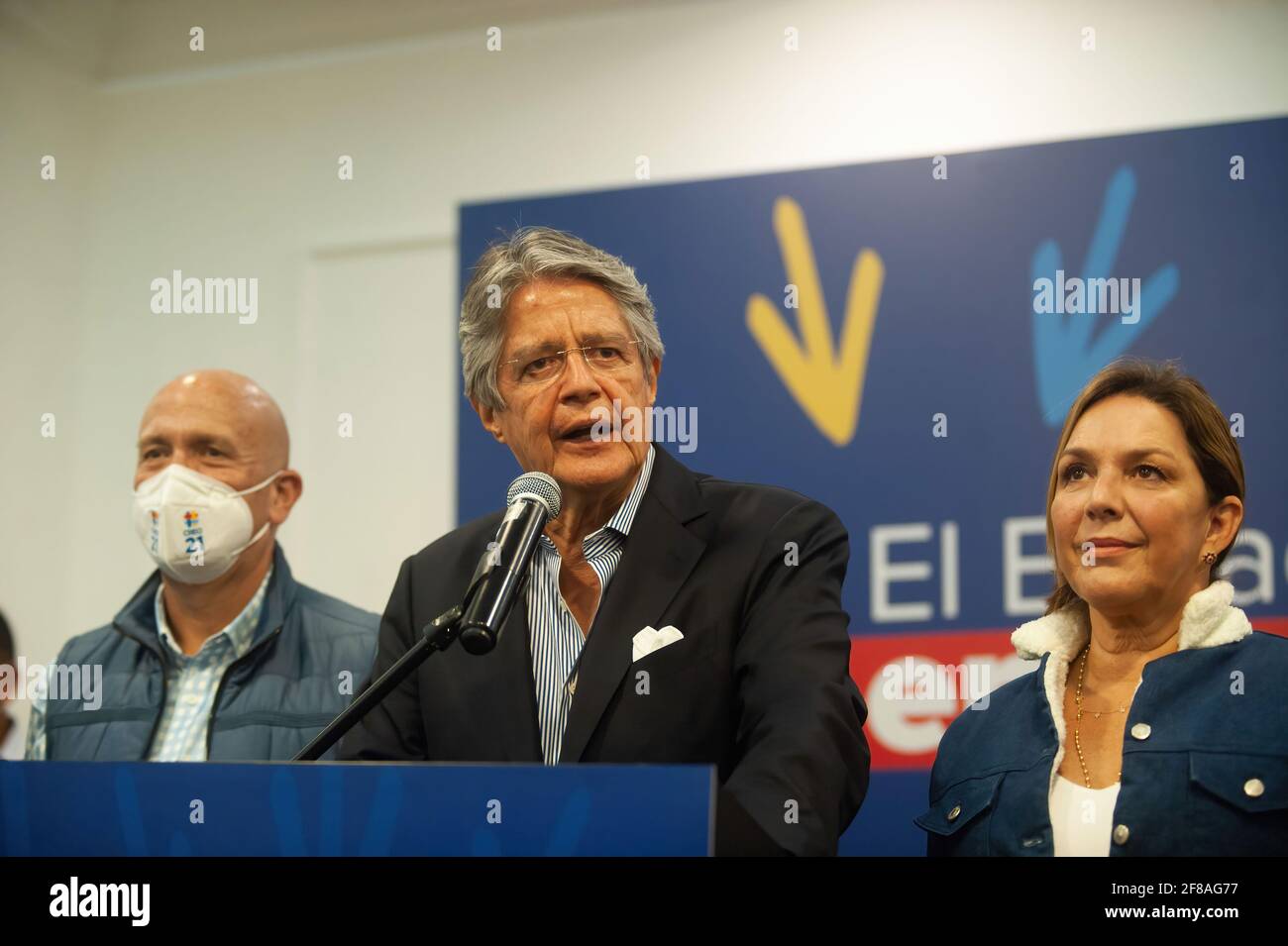 Guillermo Lasso, Alfredo Borrero (Left) who is his vice president and Lourdes Alcivar (Right) attend a Press Conference. President-elect Guillermo Lasso held a press conference at the Dann Carlton Hotel in the framework of his election. Stock Photo