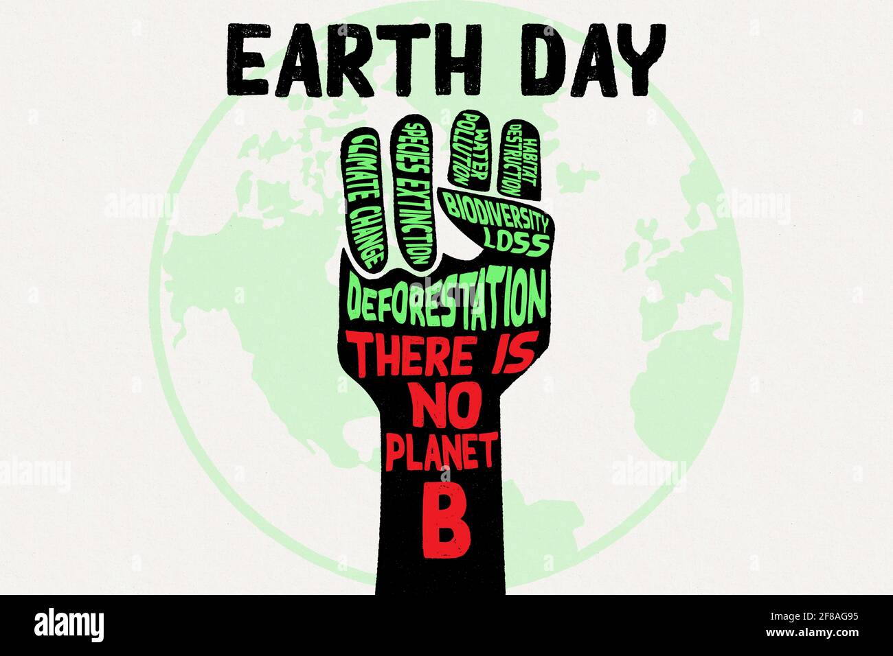 Earth Day environmental activism, raised hand with climate change and other environmental messages, human solidarity and protest to save the earth Stock Photo