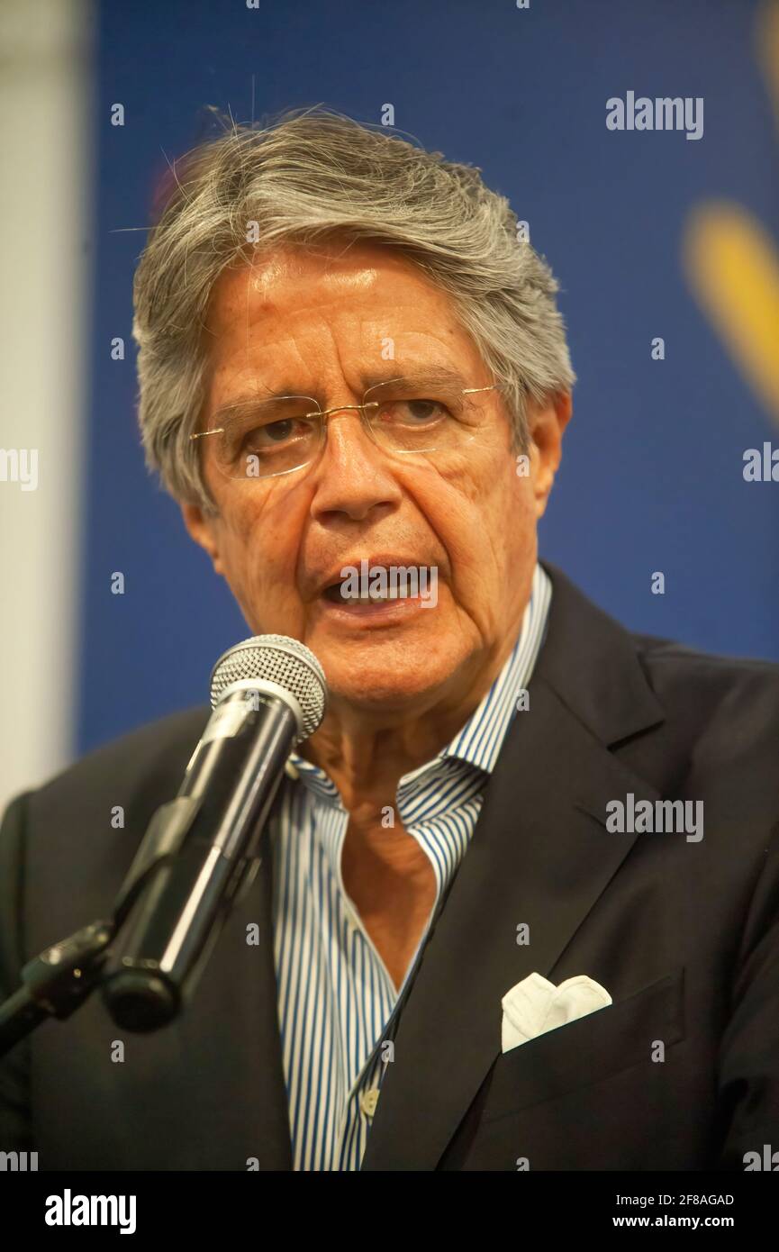 Quito, Ecuador. 12th Apr, 2021. Guillermo Lasso addresses the National and International media during a press conference President-elect Guillermo Lasso held a press conference at the Dann Carlton Hotel in the framework of his election. (Photo by Juan Diego Montenegro/SOPA Ima/Sipa USA) Credit: Sipa USA/Alamy Live News Stock Photo