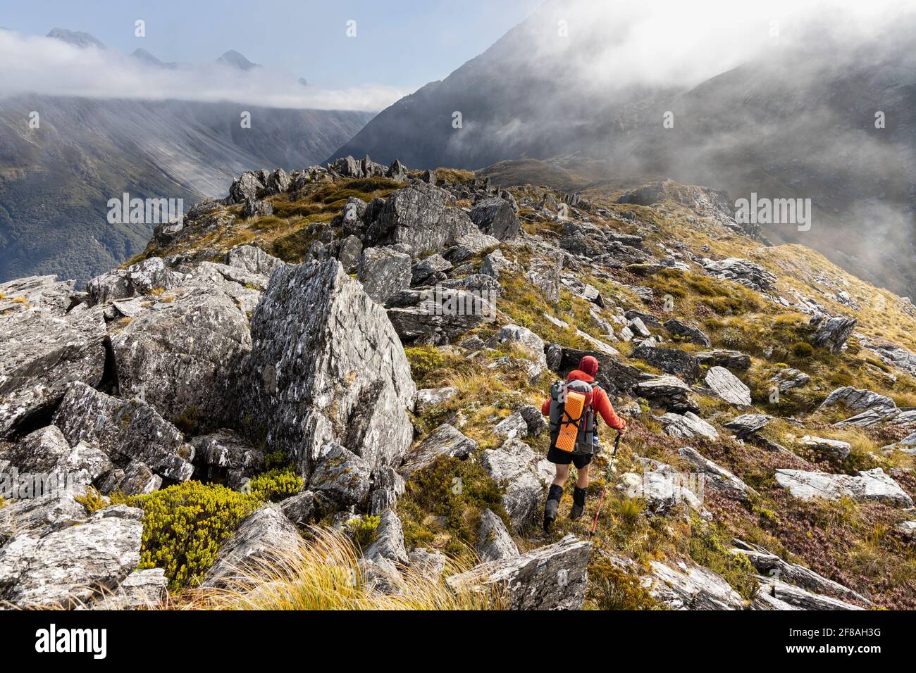 Man hiking rocky rideline in New Zealand Stock Photo