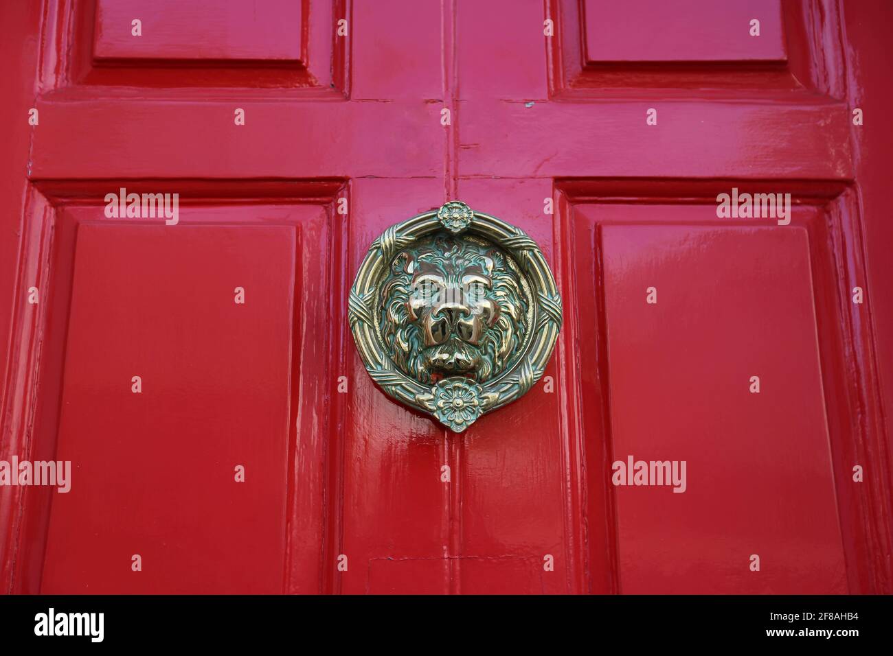 Lion head door knocker on the red door Stock Photo