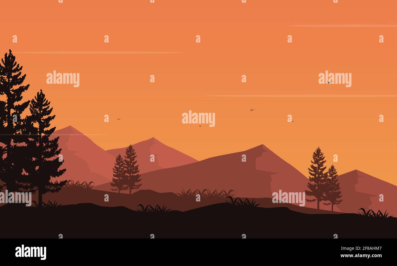 Pdusk Vector Mountain view with the silhouette of pine trees under the orange sky at ...
