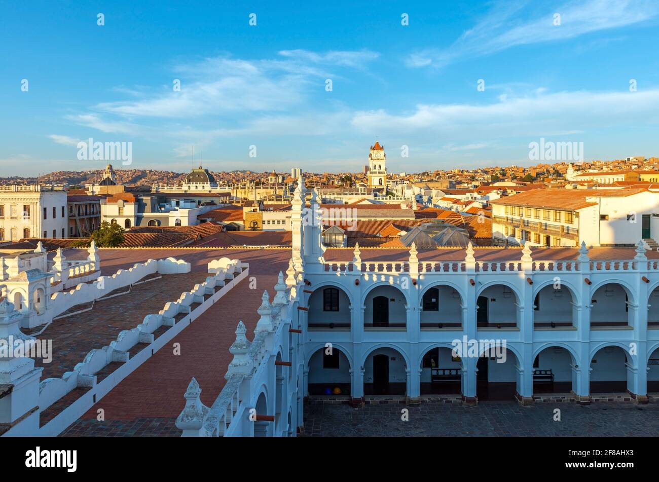 Sucre cityscape at sunset from Felipe Neri church, Sucre, Bolivia. Stock Photo