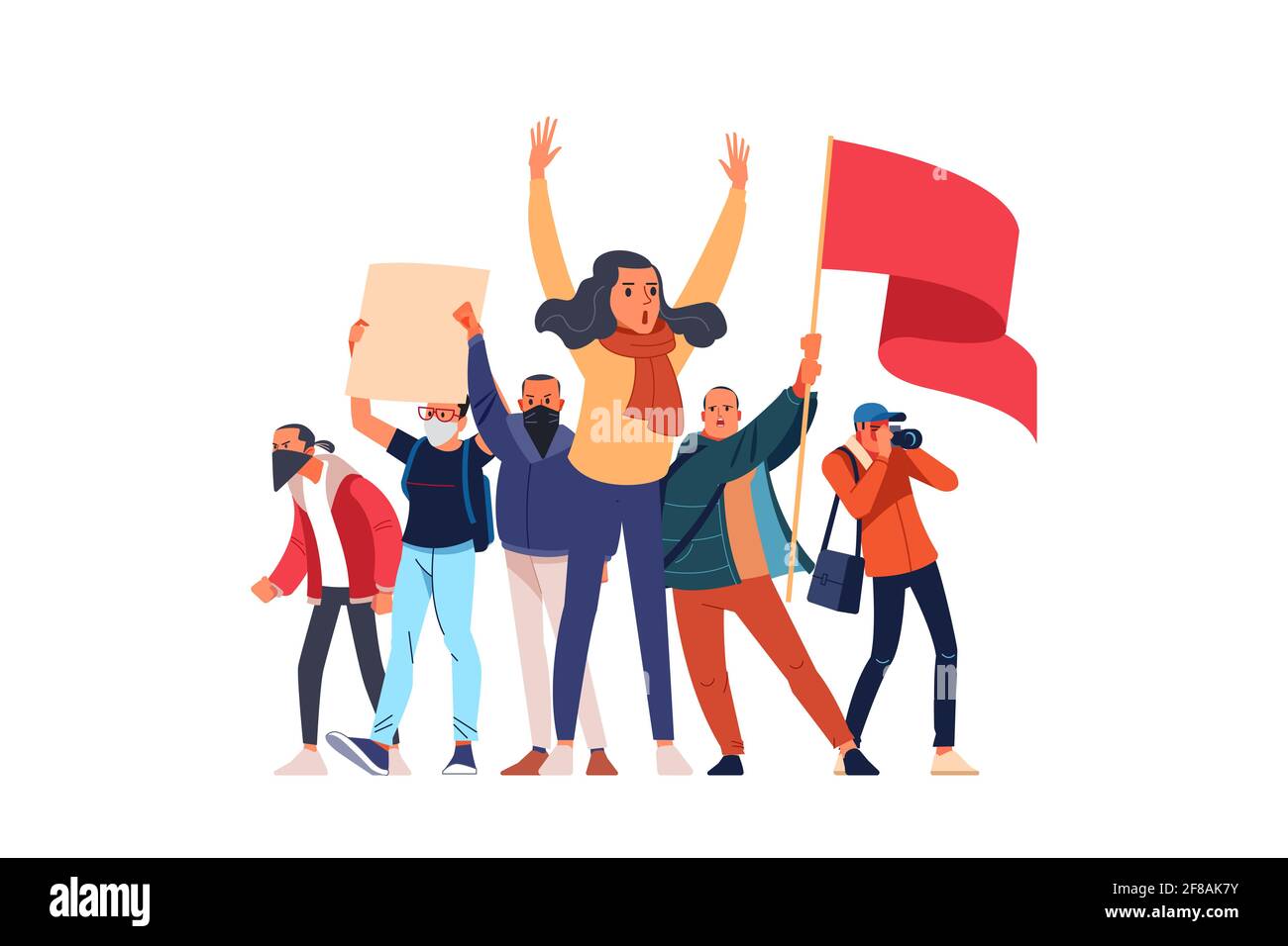 Female leader shouts and raises her hands, supporting the protests against a backdrop of disaffected protesters, activists with placards and flag Stock Vector