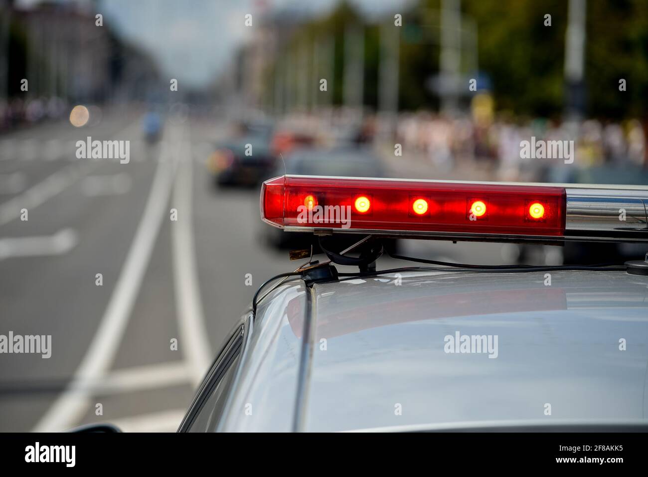 MINSK. BELARUS - JULY 2016: Red flashing lights on the police car ...