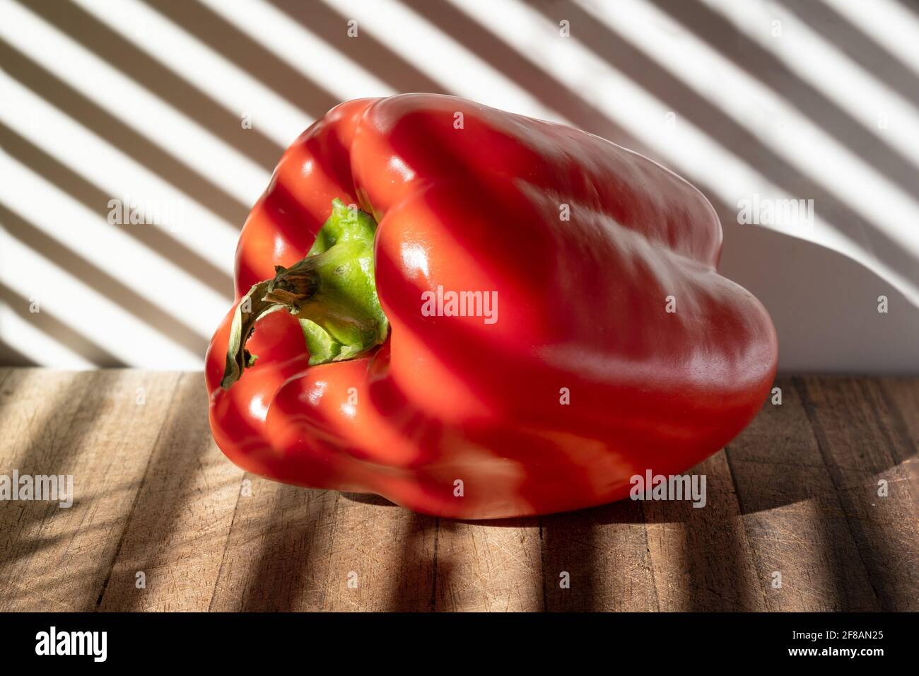 red bell pepper with the morning light casting shadows from the venetian blinds Stock Photo