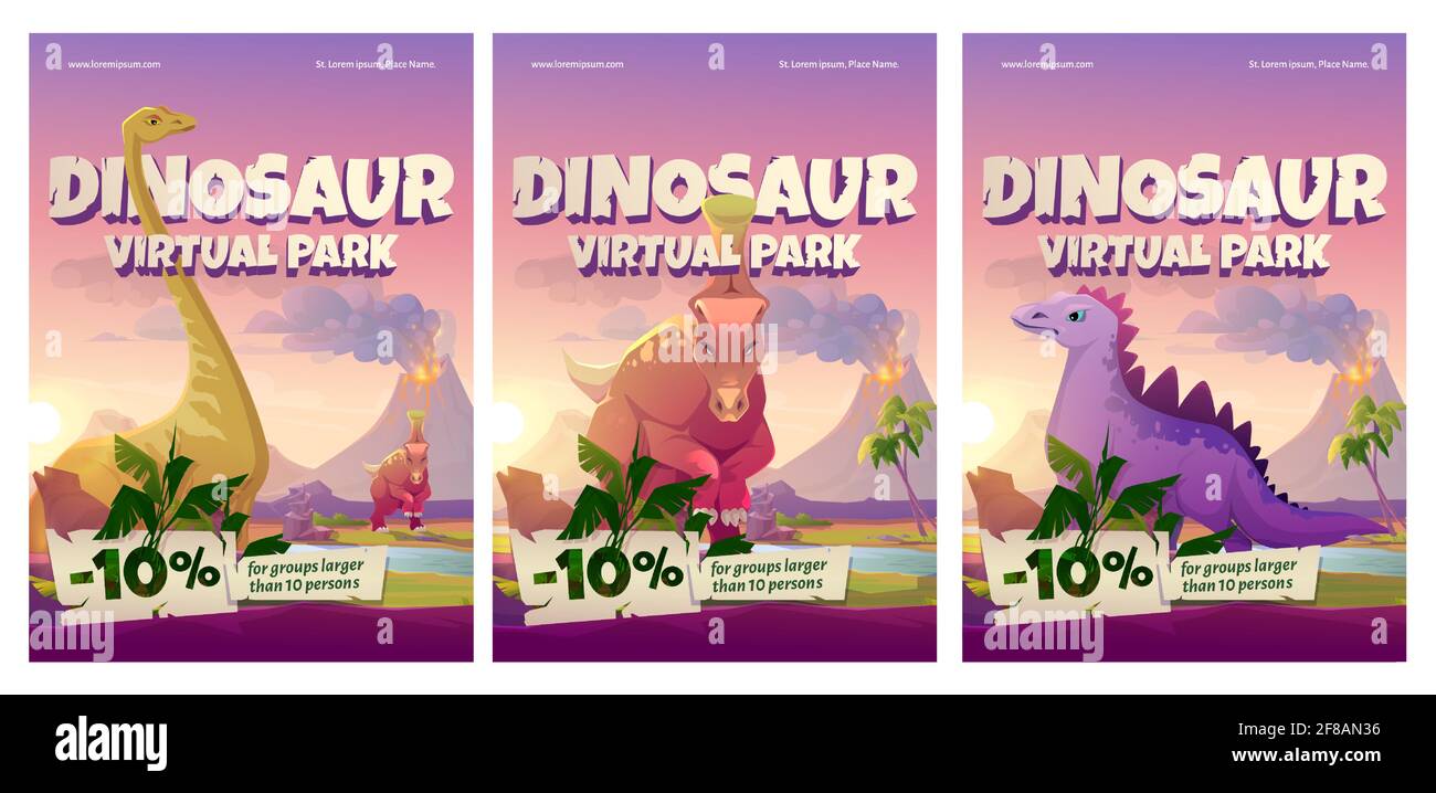 Dinosaur virtual park cartoon posters, historical online museum visit promo with discount for large groups. Educational prehistory portal, paleontology studying, exhibition service, vector flyers set Stock Vector