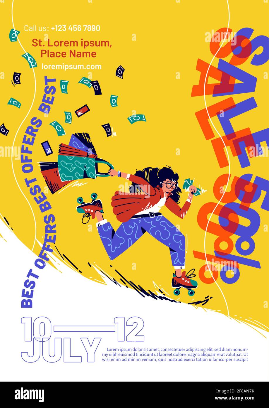 Sale Flyer With Hurry Woman On Roller Skates With Shopping Bags And Money Vector Poster Of Special Offer With Flat Illustration Of Girl Run On Rollerblade To Shop Store Or Supermarket With