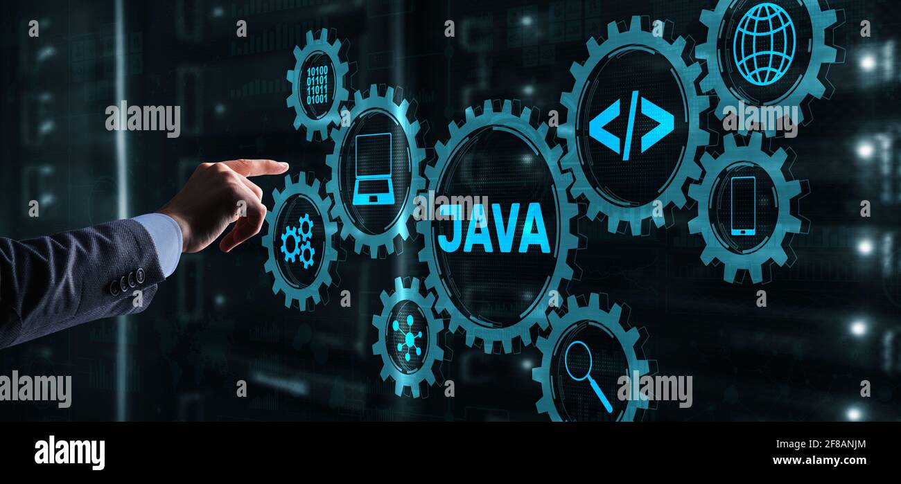 Business Man pushing on a touch screen interface Java Programming ...