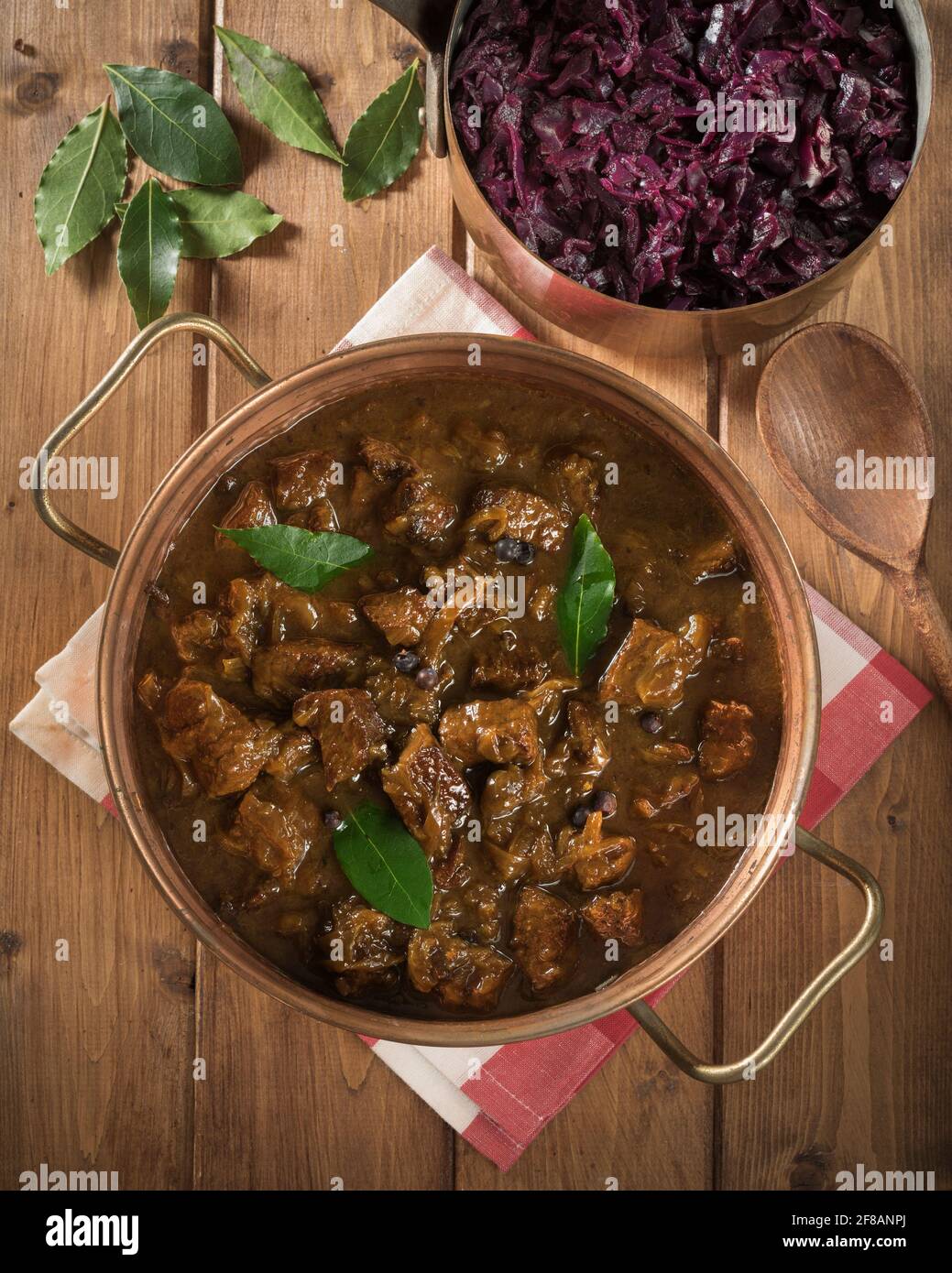 Hachee. Dutch beef and onion stew with red cabbage. Netherlands Food Stock Photo