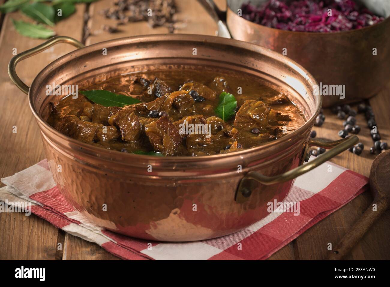 Hachee. Dutch beef and onion stew with red cabbage. Netherlands Food Stock Photo