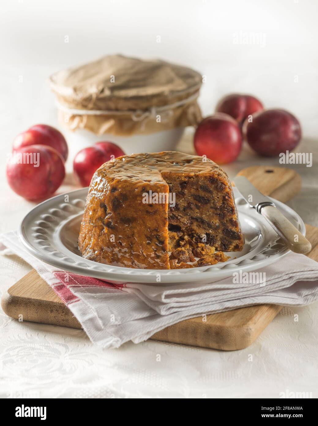 Plum duff. Steamed fruit pudding. Traditional food UK Stock Photo