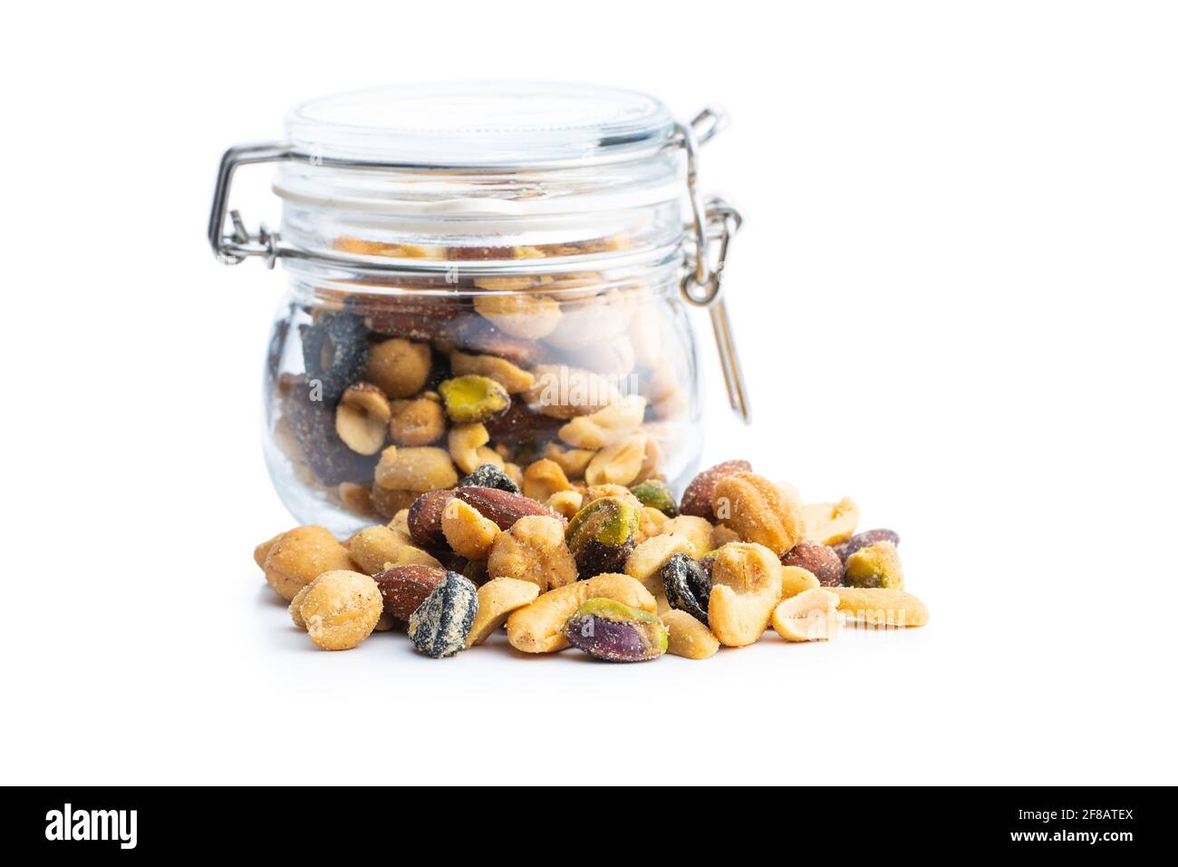 Mix of salted nuts isolated on white background. Stock Photo