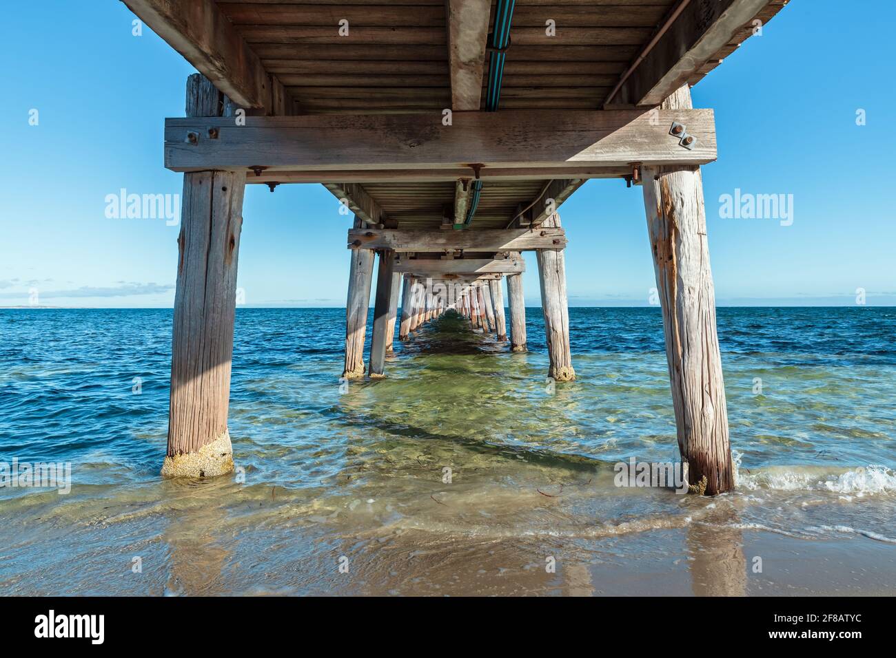 Marion Bay view from under jetty at sunset time during summer season, Yorke Peninsula, South Australia Stock Photo