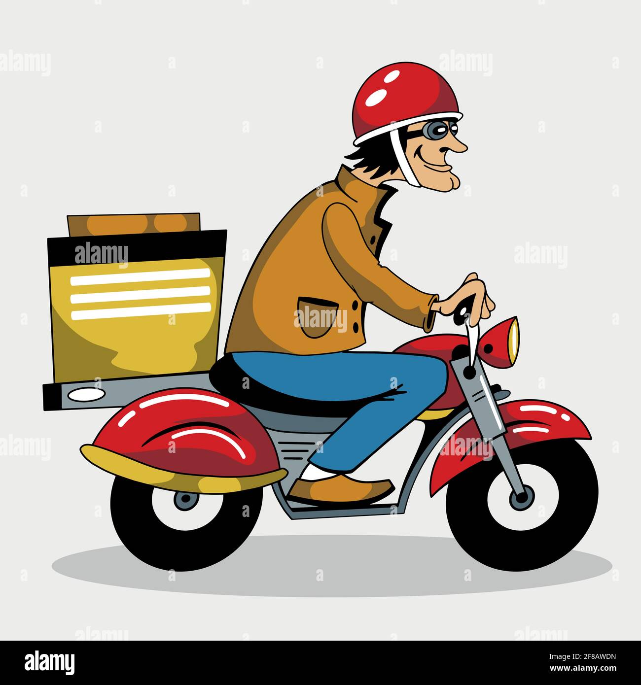 Young man in a helmet on a motocycle delivering packages all over the city. Stock Vector