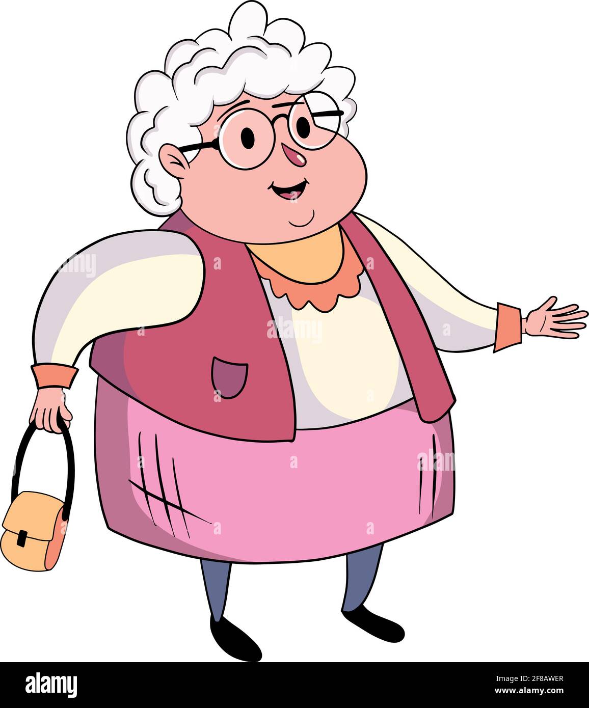 Funny illustration of old grandmother with a bag over white background. Stock Vector