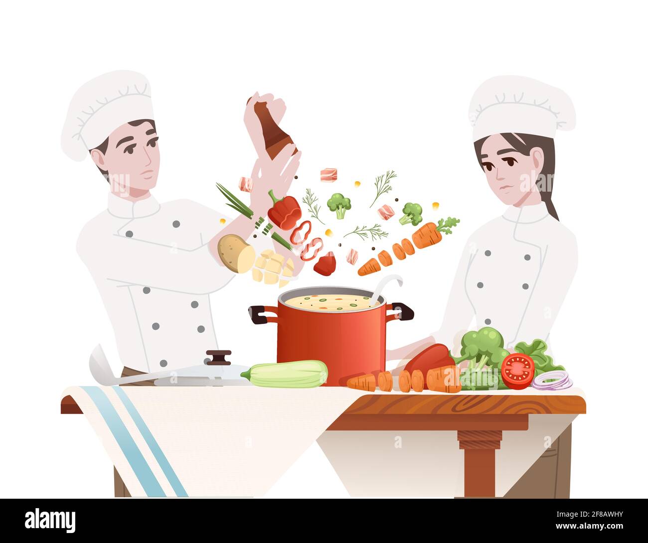 Chef cooking behind kitchen table with pan and ingredients making soup cartoon character design vector illustration on white background Stock Vector Image & Art - Alamy Chef cooking behind kitchen table with pan and ingredients making soup cartoon character design vector illustration on white background Stock Vector Image & Art - Alamy