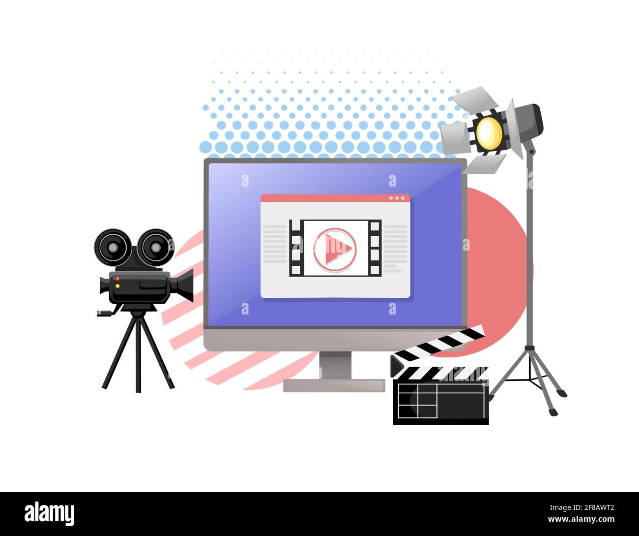 Video or film production cinematography concept media player on monitor with professional tools vector illustration on white background Stock Vector