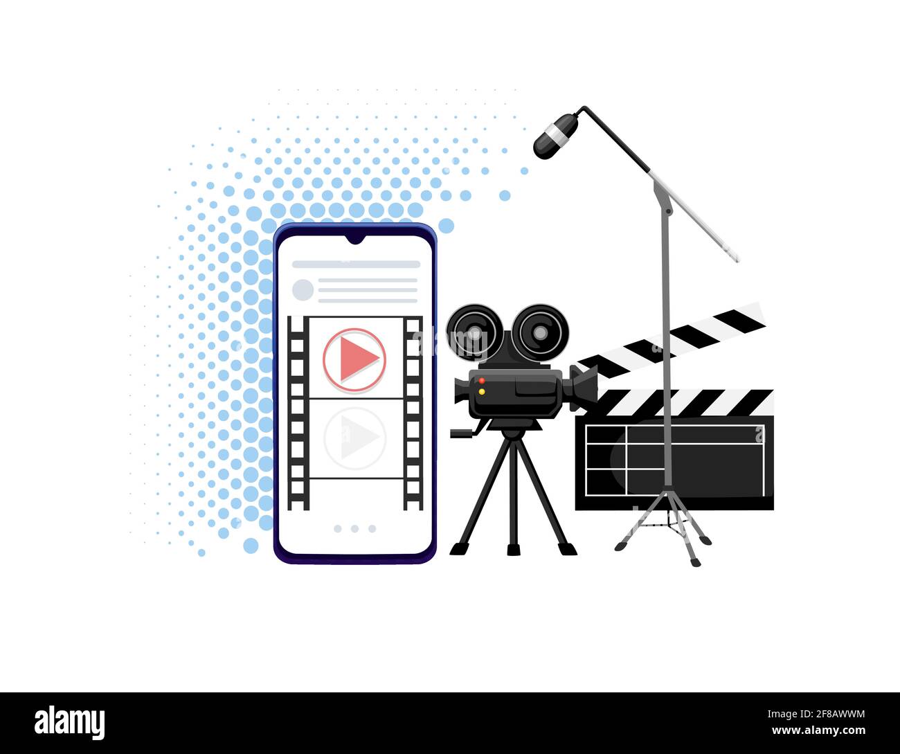 Video or film production cinematography concept media player on smartphone with professional tools vector illustration on white background Stock Vector