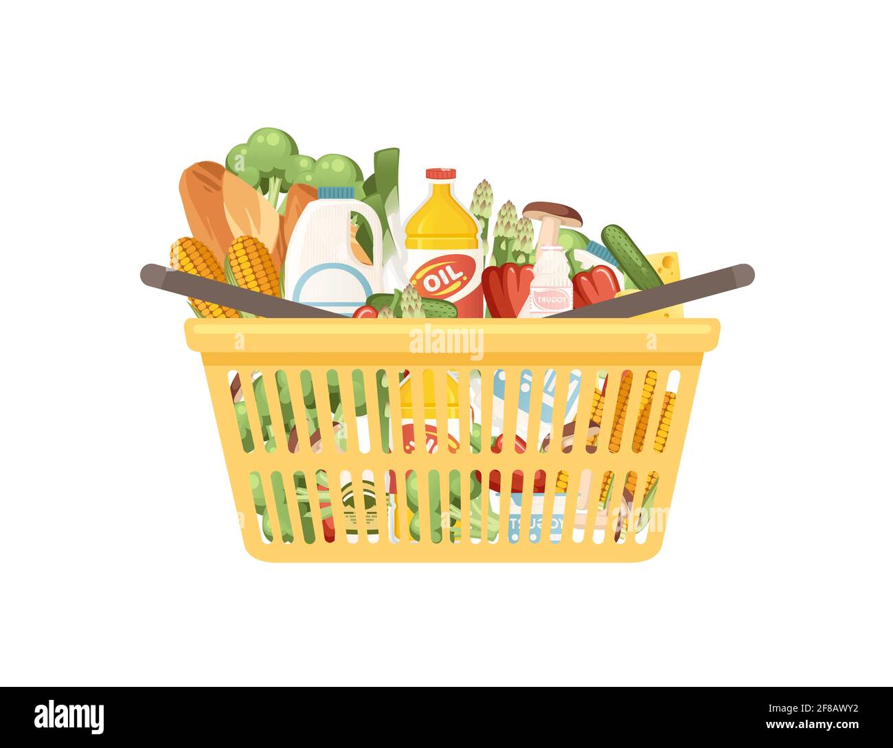 Yellow plastic shopping basket with fresh healthy grocery products snacks  sausage and soda vector illustration isolated on white background Stock  Vector Image & Art - Alamy