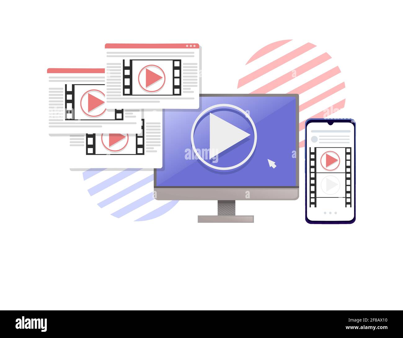 Video or film production cinematography concept media player on monitor with professional tools vector illustration on white background Stock Vector