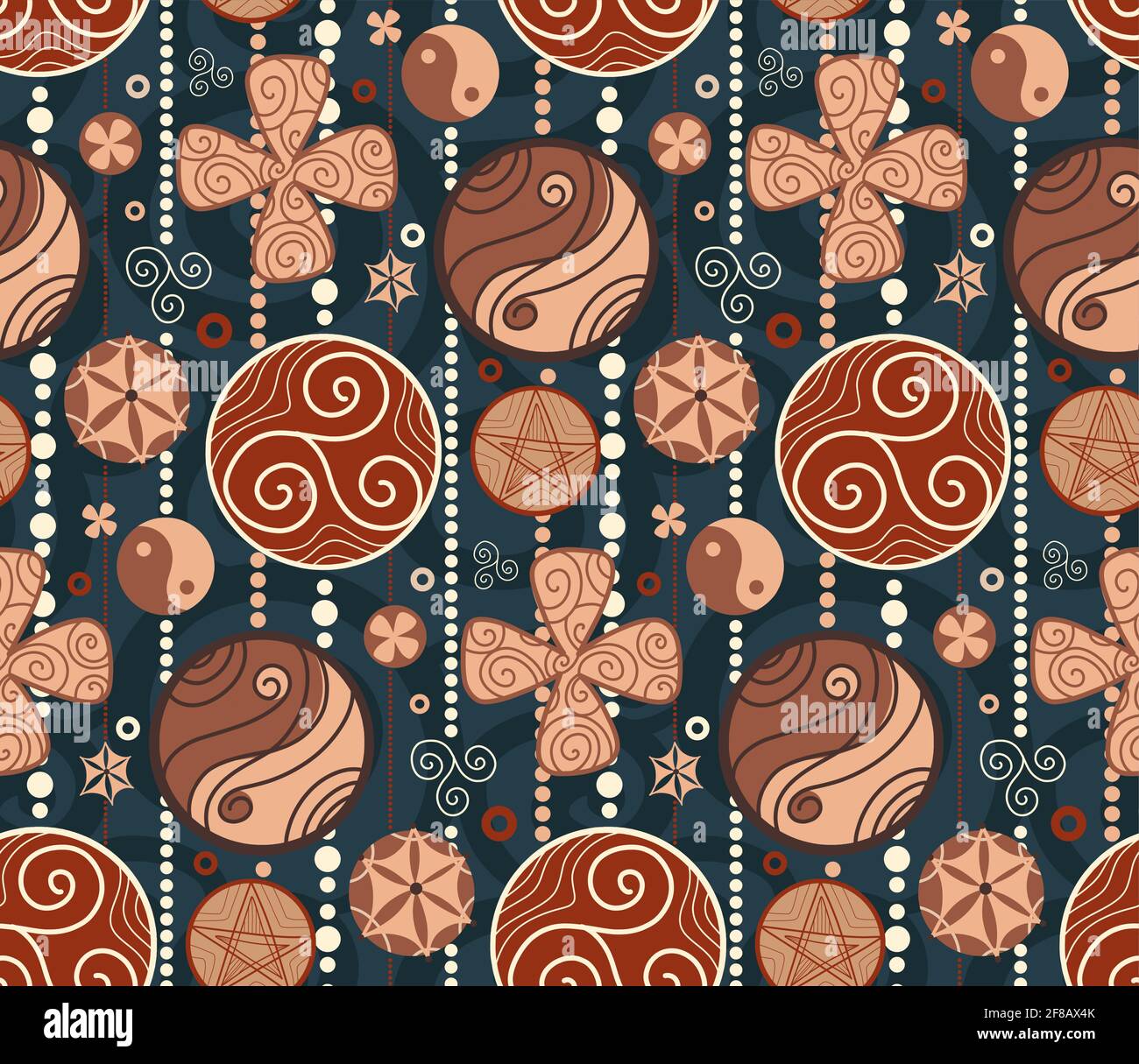 Seamless pattern with wooden garland of amulets and curls on dark blue