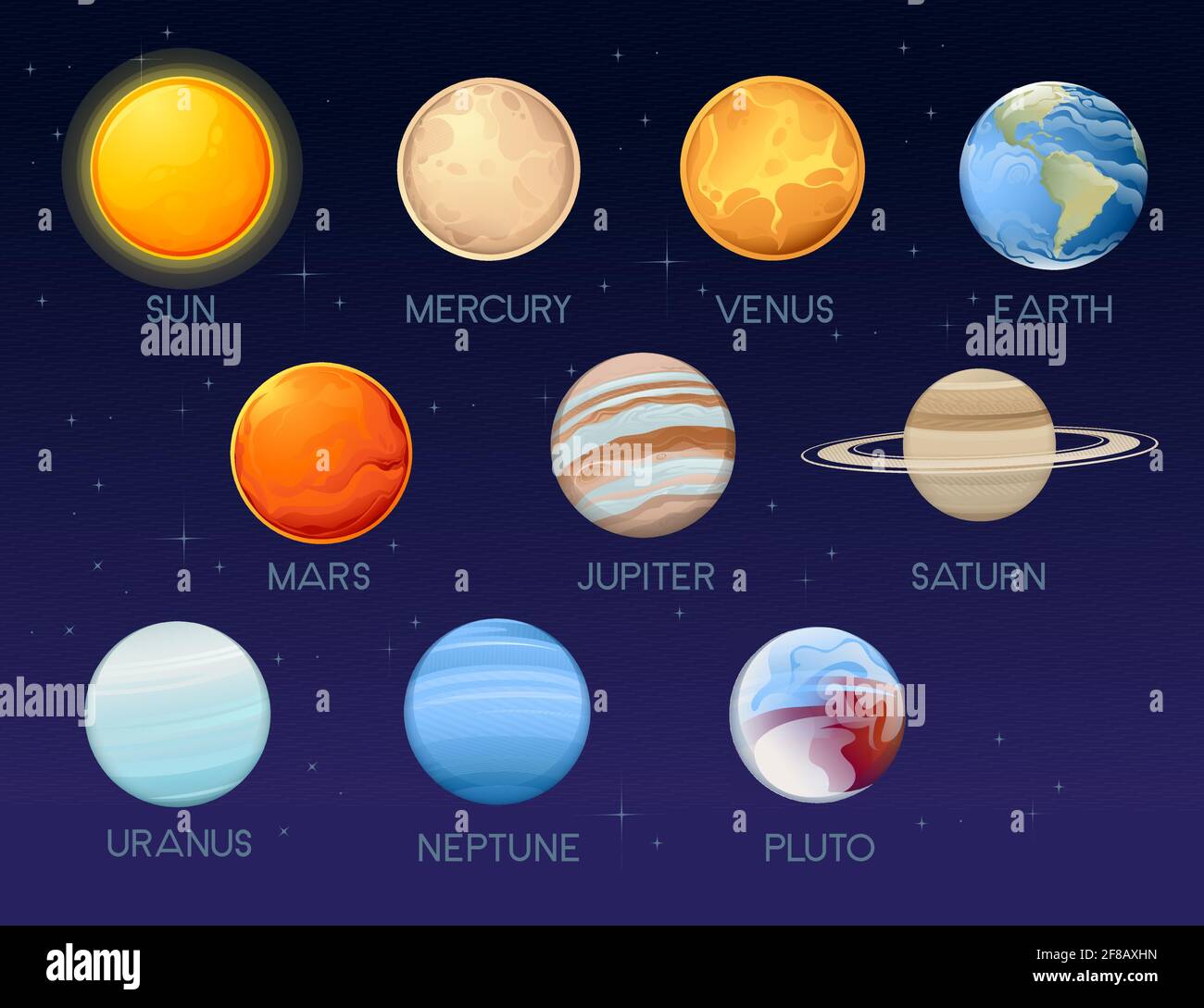 Set of all Solar System planets astronomy icons vector illustration on deep sky background Stock Vector