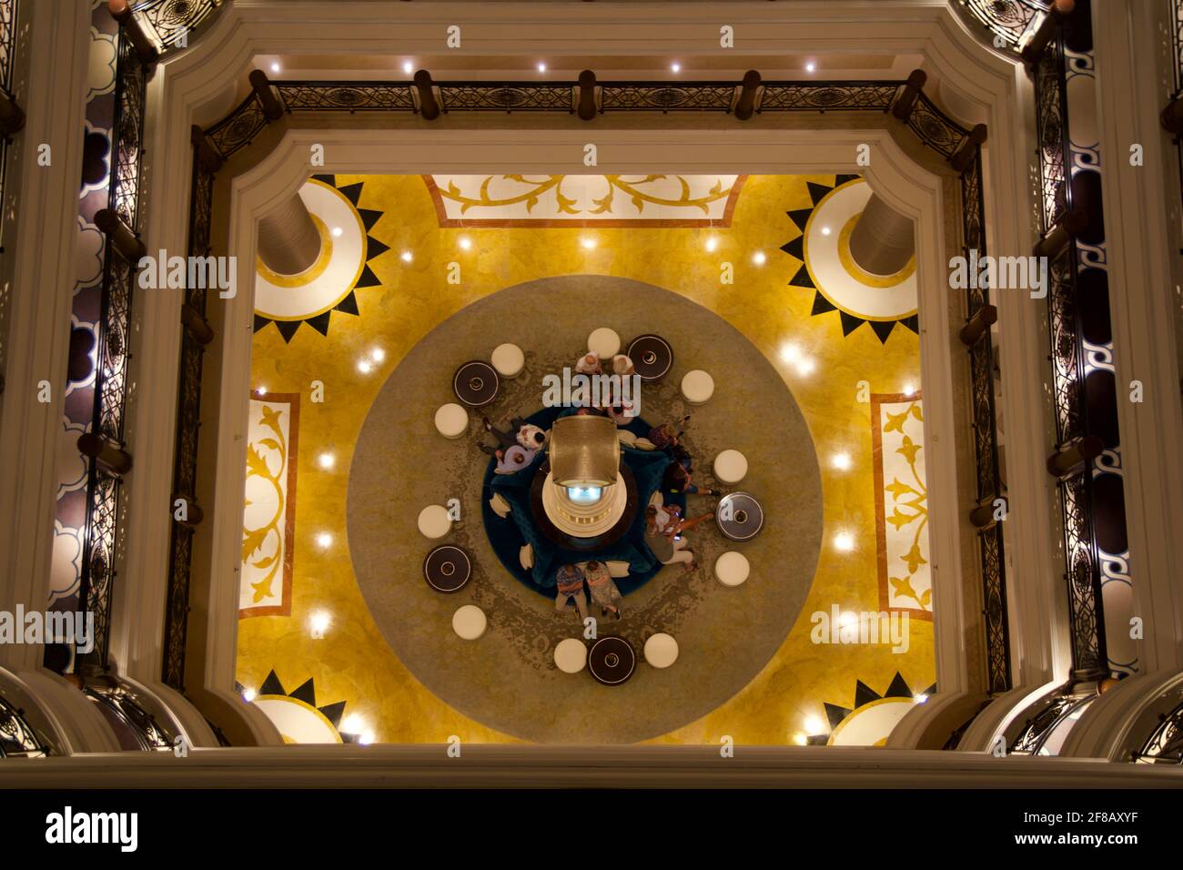 RAS AL KHAIMAH, UNITED ARAB EMIRATES - JUN 13, 2019: Bright and modern interior of luxury lobby in an opulent Arabian style 5-star hotel Waldorf Stock Photo