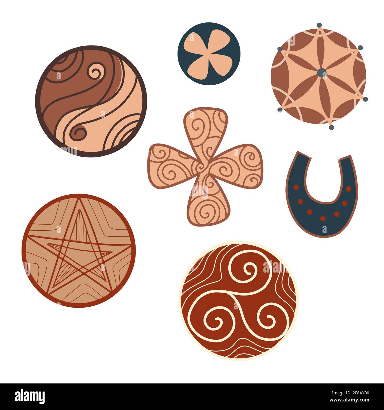 Set of wooden amulets for good luck with curls isolated on white background. Vector badges with yin yang, triskel and horseshoe. Lucky talismans for s Stock Vector