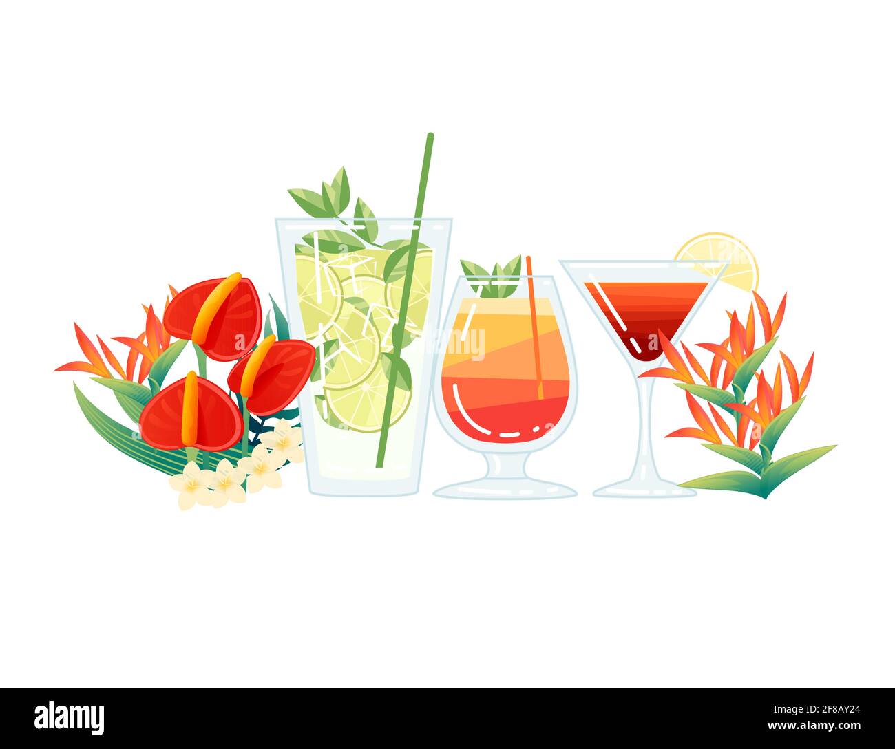 Three exotic cocktails in transparent glass with tropical flowers ...