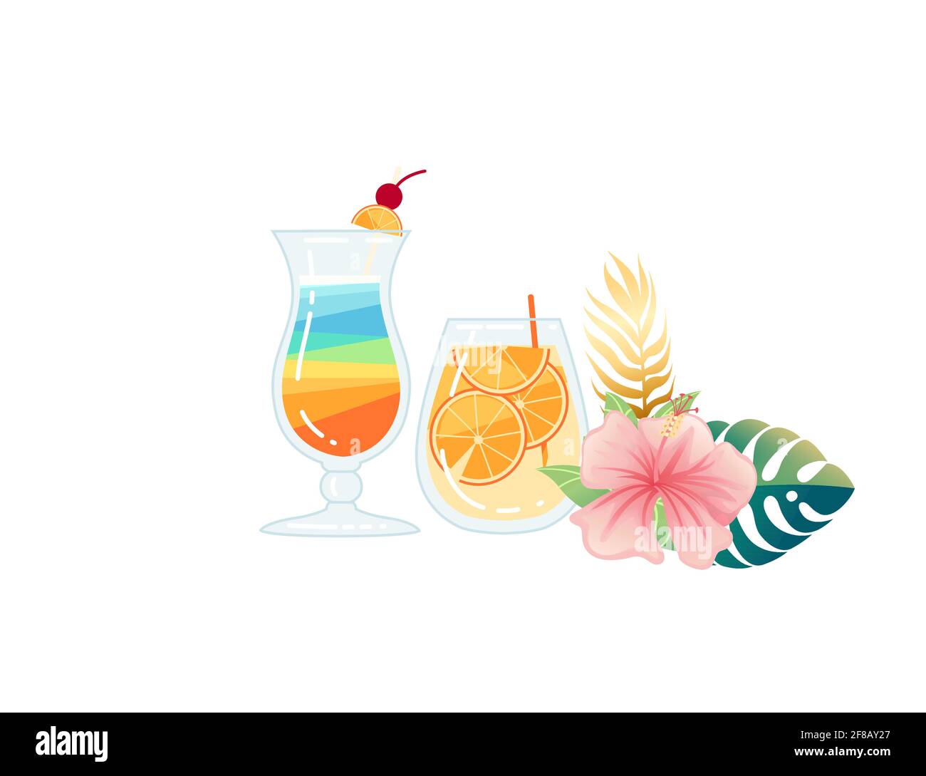 Two exotic cocktails in transparent glass with tropical flowers vector ...