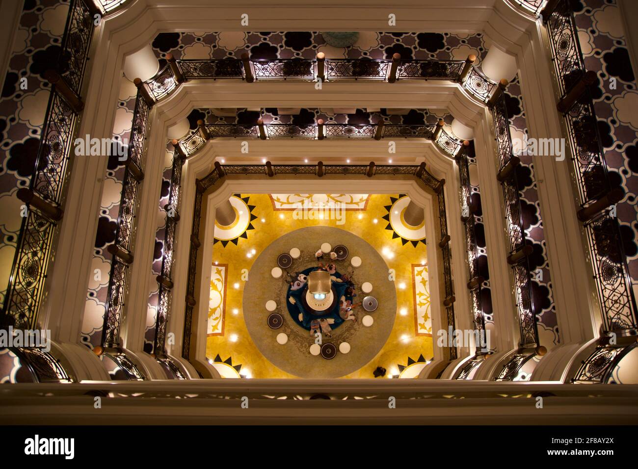 RAS AL KHAIMAH, UNITED ARAB EMIRATES - JUN 13, 2019: Bright and modern interior of luxury lobby in an opulent Arabian style 5-star hotel Waldorf Stock Photo
