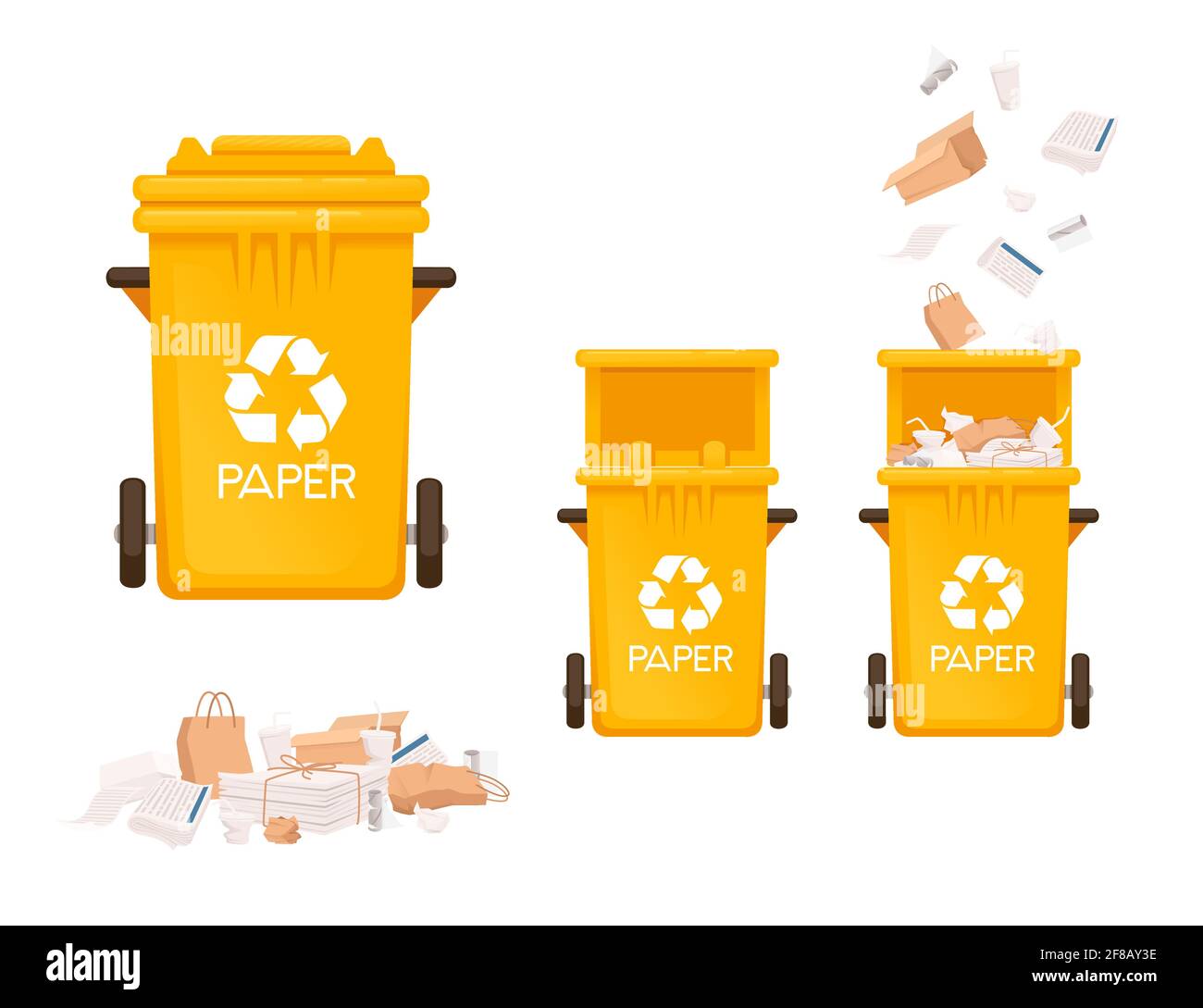 Yellow garbage bin trash can for paper types of waste vector
