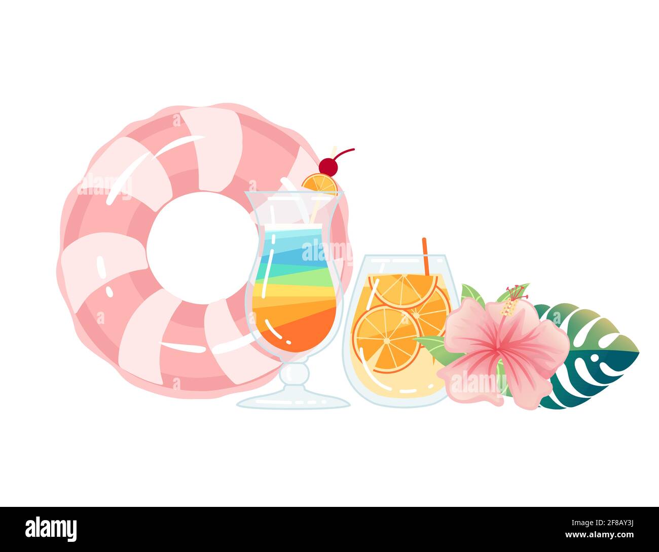 Two exotic cocktails in transparent glass with tropical flowers vector ...