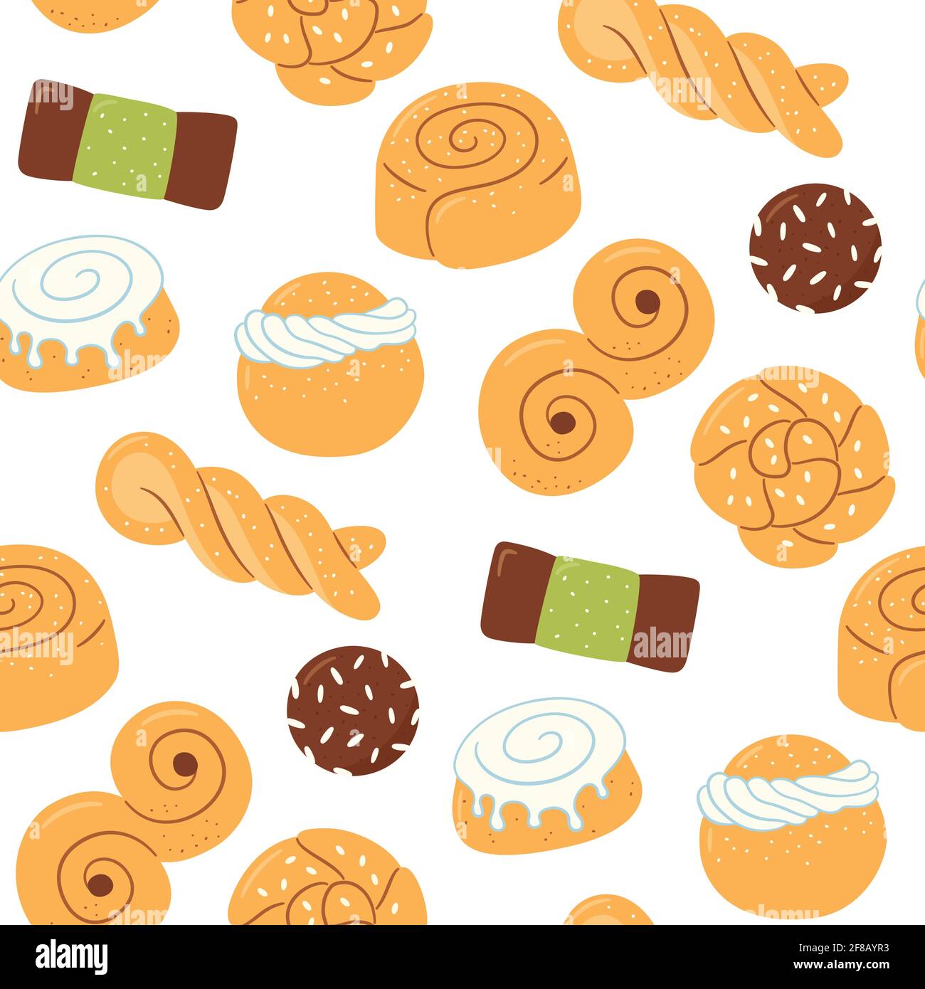 Seamless pattern with traditional swedish sweets. Kanelbulle bun, cinnamon  roll, Semla, lussekatt, dammsugare and chokladboll. Hand drawn illustration  Stock Vector Image & Art - Alamy