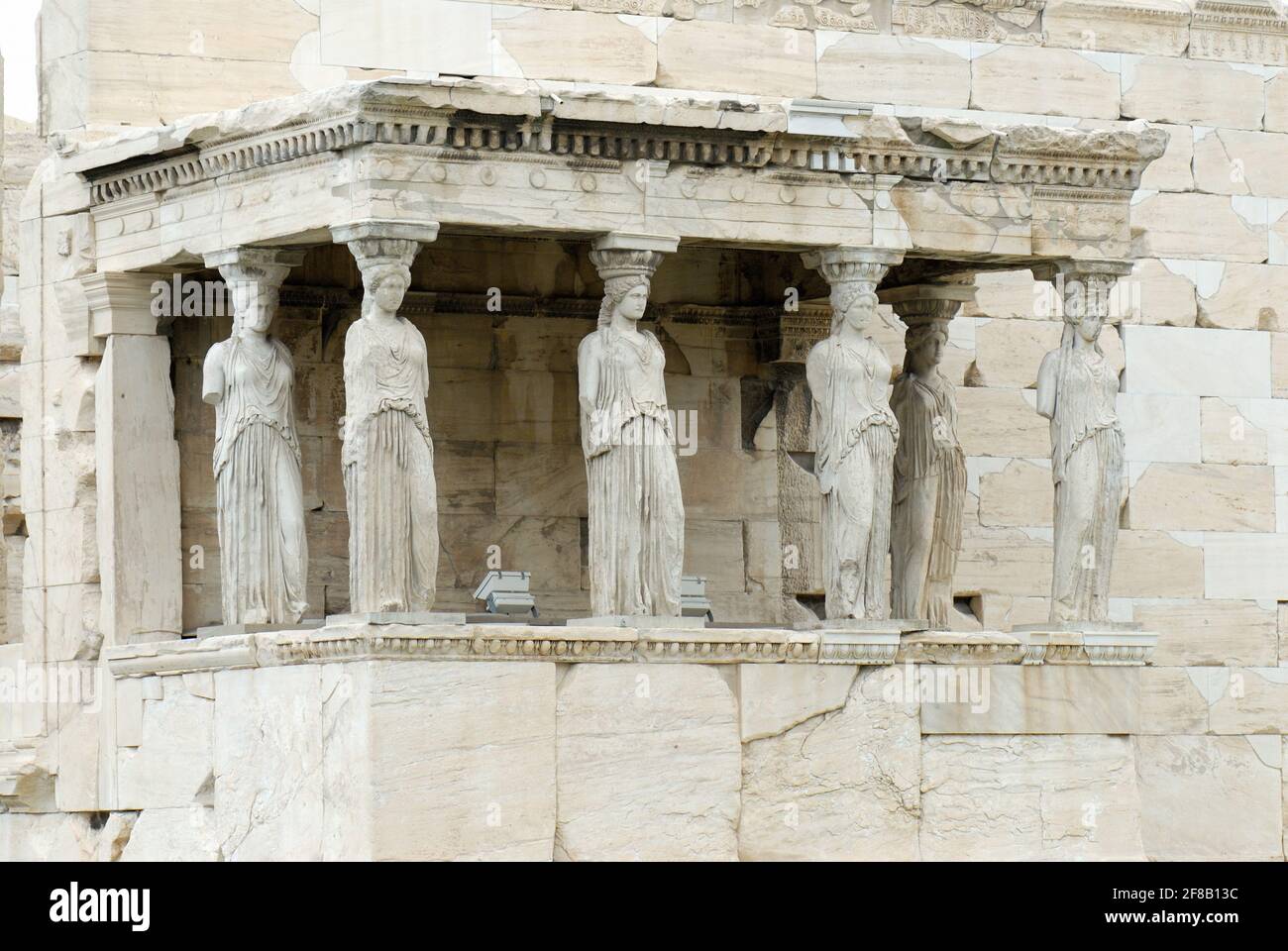 'Porch of the Maidens' or Porch of the Caryatids at the Erechtheion or Erechtheum at Acropolis of Athens, Greece, Europe Stock Photo