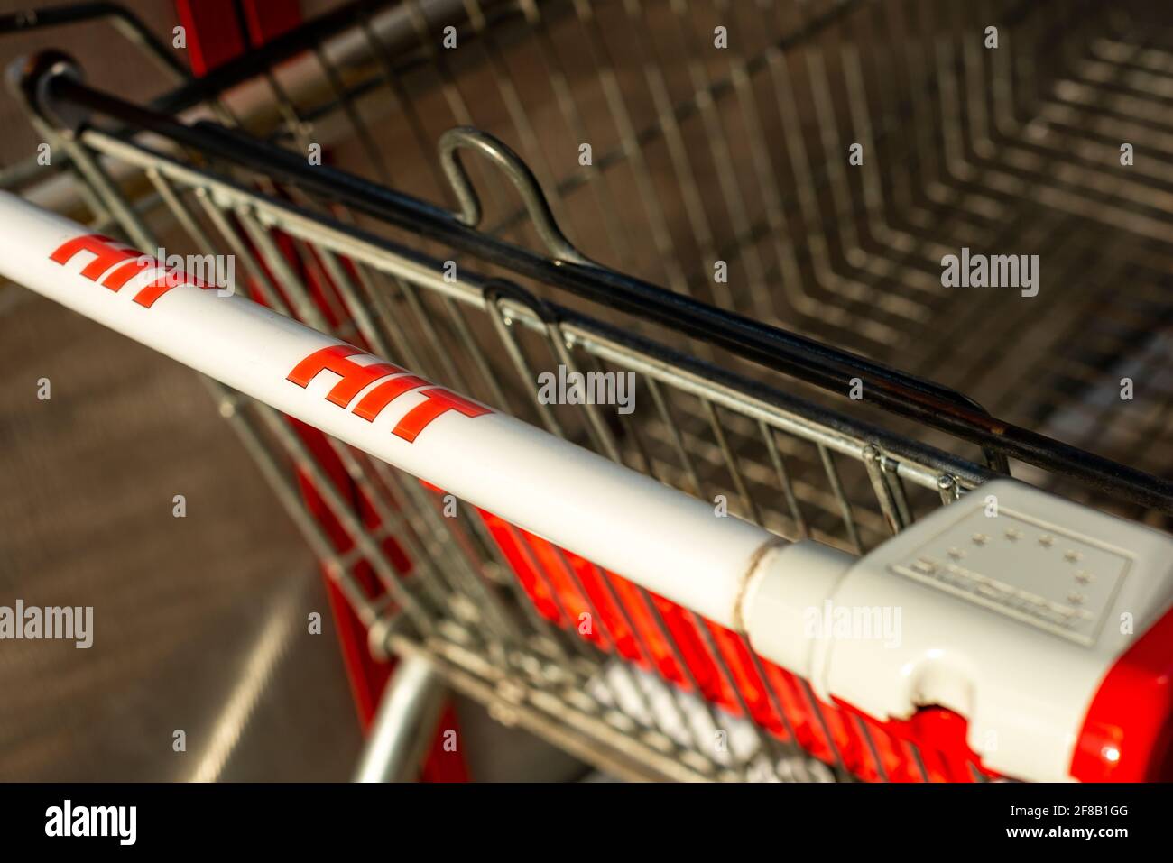 Single empty Hit supermarket shopping cart trolley close up Stock Photo