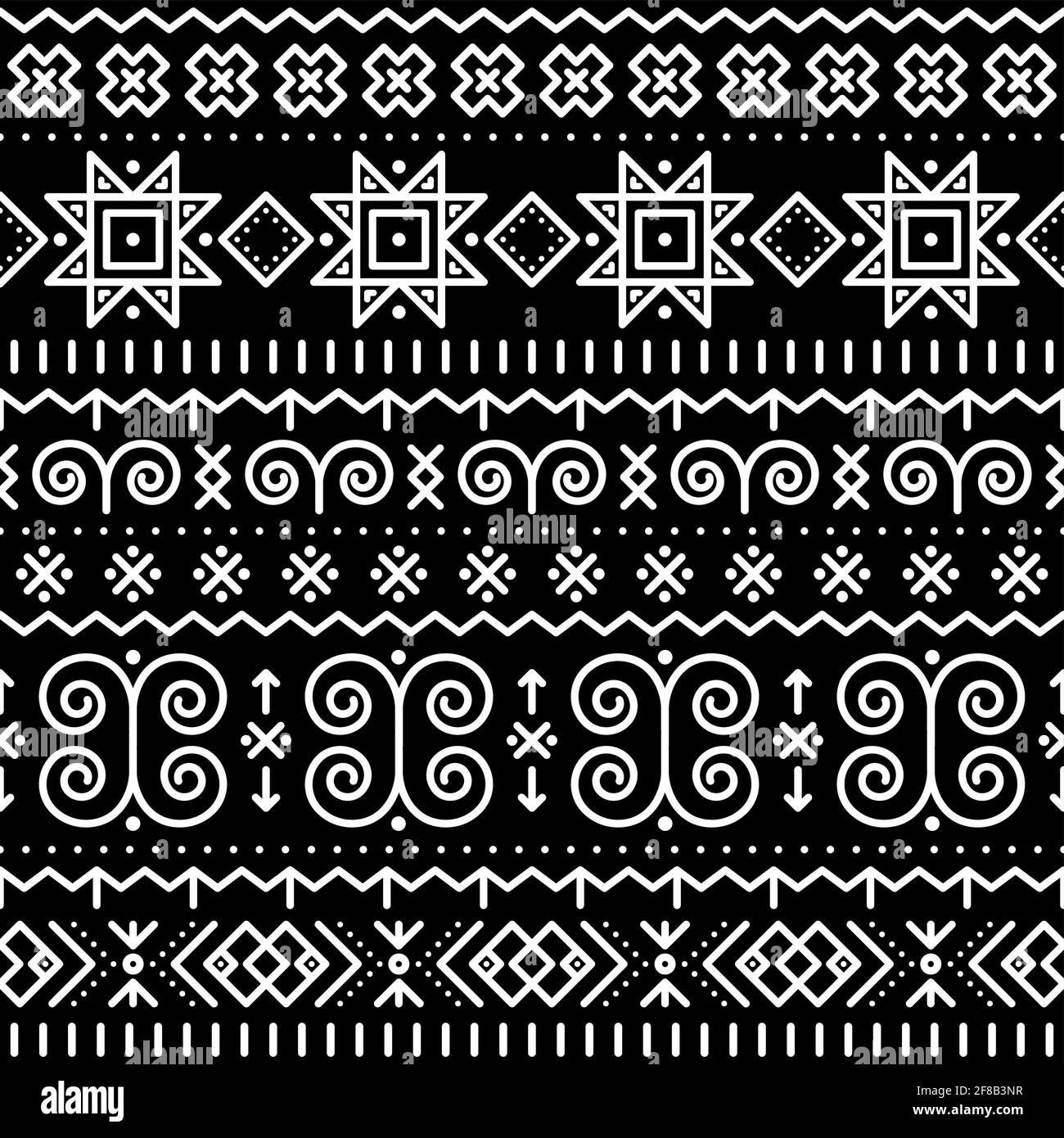 Slovak folk art vector seamless geometric pattern with swirls, zig-zag shapes inspired by traditional painted art from village Cicmany in Zilina regio Stock Vector