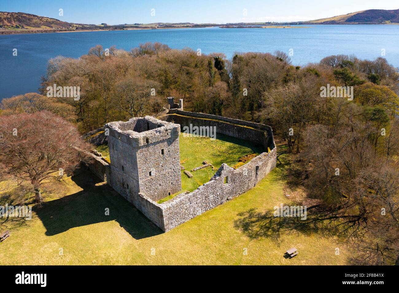 Aerial view from drone of Lochleven Castle ( closed during covid-19 lockdown) on island on Loch Leven, Perth and Kinross, Scotland, UK Stock Photo