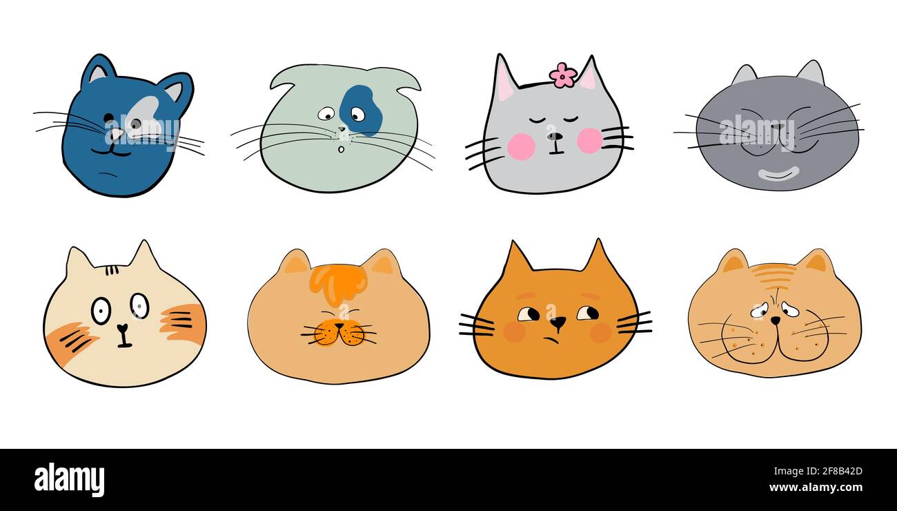 Set of funny cats heads. Cats different breeds  Stock Vector