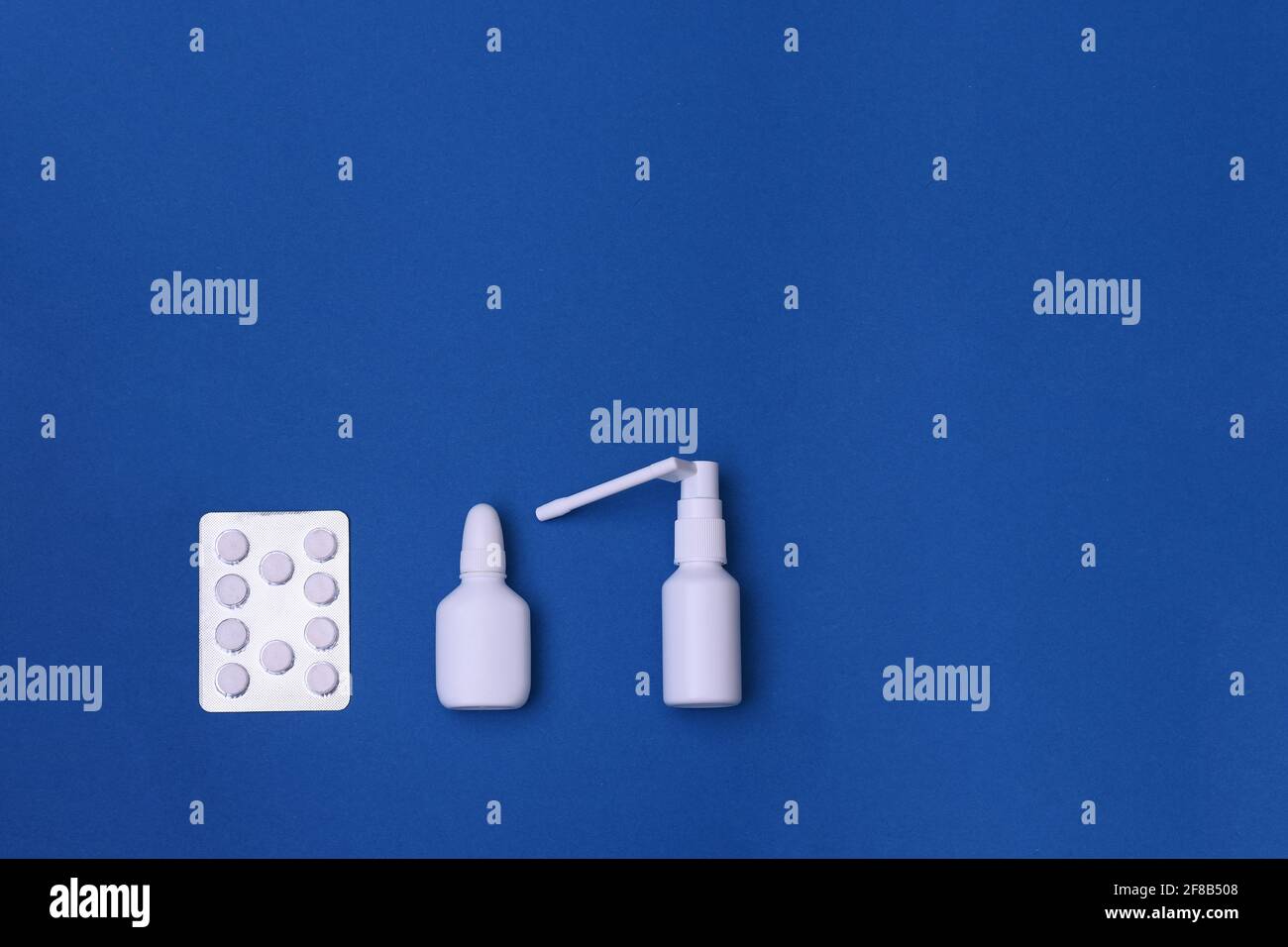 medicines for colds and flu. nasal spray, throat spray, tablets in the