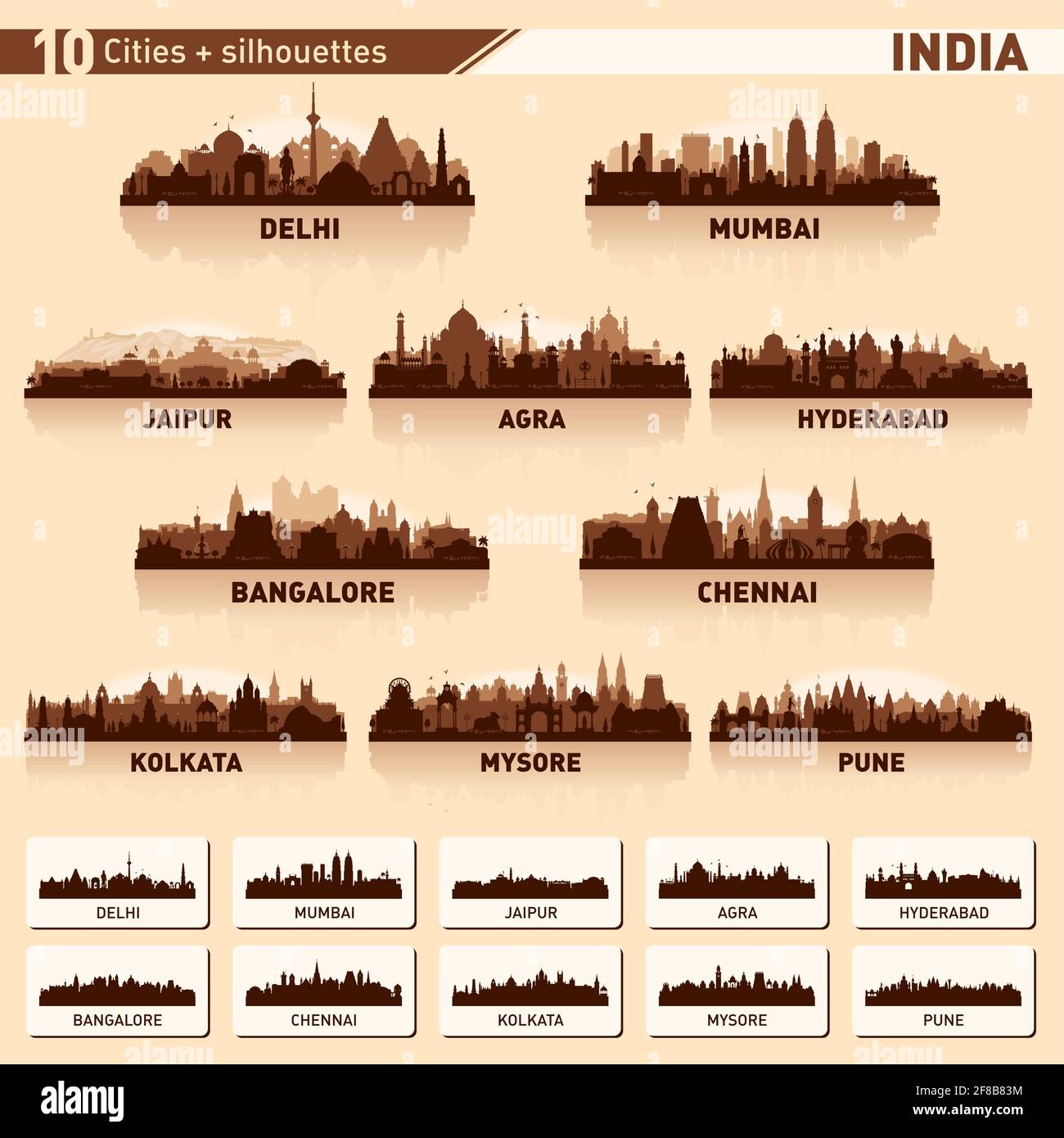 City skyline set. India. Vector silhouette background illustration. Stock Vector