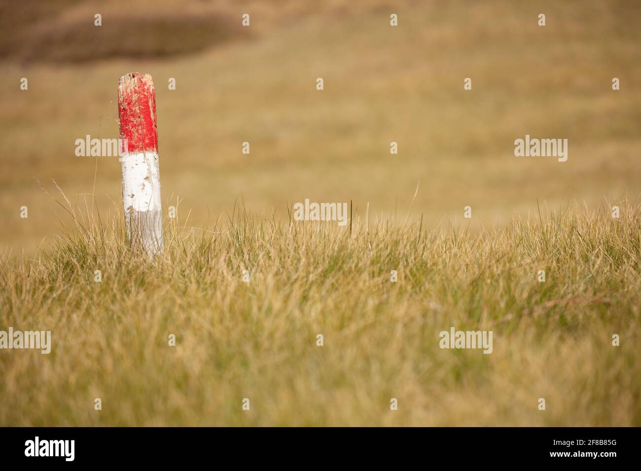a typical red and white path sign among an Italian pasture in the ...