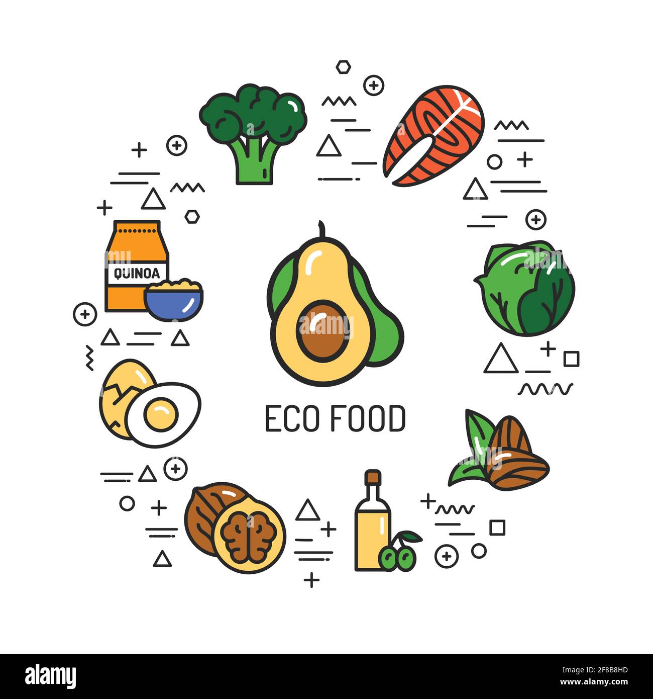 Eco food web banner. Infographics with linear icons on white background. Creative idea concept. Isolated outline color illustration. Stock Vector
