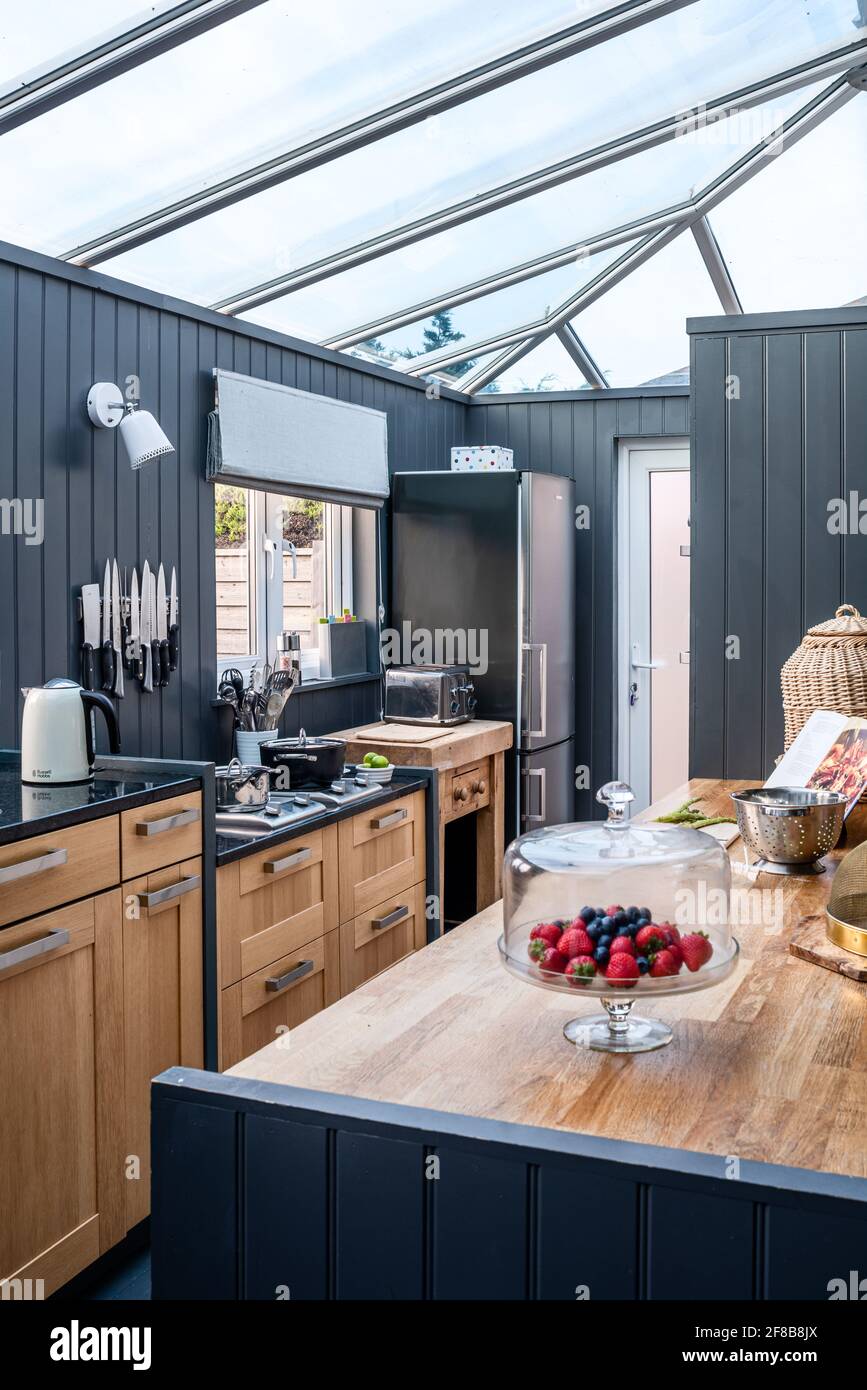 Ex-display Habitat kitchen in extended West Sussex holiday home. Stock Photo