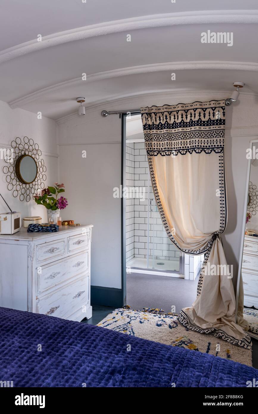 En suite shower room in repurposed Victorian railway carriage, West Sussex. Stock Photo